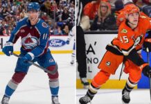 Rookie Phenom Stuns Flames & Did the Leafs Just Hit Rock Bottom? (Jan 26 News) A split-screen photograph showing two NHL hockey players on the ice during separate games. On the left side, a Colorado Avalanche player wearing jersey number 11 in blue skates forward, holding his stick. On the right side, an Anaheim Ducks player wearing jersey number 45 in orange is actively stickhandling a puck low to the ice.