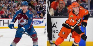 A split-screen photograph showing two NHL hockey players on the ice during separate games. On the left side, a Colorado Avalanche player wearing jersey number 11 in blue skates forward, holding his stick. On the right side, an Anaheim Ducks player wearing jersey number 45 in orange is actively stickhandling a puck low to the ice.