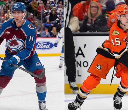 Rookie Phenom Stuns Flames & Did the Leafs Just Hit Rock Bottom? (Jan 26 News) A split-screen photograph showing two NHL hockey players on the ice during separate games. On the left side, a Colorado Avalanche player wearing jersey number 11 in blue skates forward, holding his stick. On the right side, an Anaheim Ducks player wearing jersey number 45 in orange is actively stickhandling a puck low to the ice.