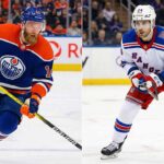 A horizontal split photo showing two NHL players on the ice. On the left panel, Mattias Ekholm, wearing a blue and orange Edmonton Oilers jersey #14, is skating with the puck, looking towards the right. On the right panel, Carson Soucy, wearing a white New York Rangers jersey #24, is in a defensive stance on the ice, looking towards the left.