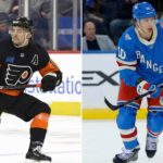 Latest NHL News: Trade Rumors Heat Up as Olympics Approach (Jan 29, 2026) A vertical split-screen photograph showing two NHL players on the ice. On the left, Philadelphia Flyers forward Travis Konecny wears a black jersey with an alternate captain 'A' patch, crouched in a low defensive stance with his stick on the ice. On the right, New York Rangers forward Artemi Panarin wears a blue jersey and is skating forward, looking ahead with his stick held ready.