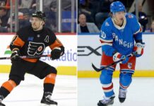 Latest NHL News: Trade Rumors Heat Up as Olympics Approach (Jan 29, 2026) A vertical split-screen photograph showing two NHL players on the ice. On the left, Philadelphia Flyers forward Travis Konecny wears a black jersey with an alternate captain 'A' patch, crouched in a low defensive stance with his stick on the ice. On the right, New York Rangers forward Artemi Panarin wears a blue jersey and is skating forward, looking ahead with his stick held ready.