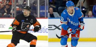 A vertical split-screen photograph showing two NHL players on the ice. On the left, Philadelphia Flyers forward Travis Konecny wears a black jersey with an alternate captain 'A' patch, crouched in a low defensive stance with his stick on the ice. On the right, New York Rangers forward Artemi Panarin wears a blue jersey and is skating forward, looking ahead with his stick held ready.