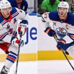 A vertical split-screen sports photograph featuring two prominent NHL forwards in action. On the left side, Artemi Panarin of the New York Rangers, wearing a white away #10 jersey, skates with the puck near the boards. On the right side, Connor McDavid of the Edmonton Oilers, wearing a white away #97 captain's jersey, skates intensely with the puck.