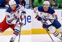 NHL News Jan 7, 2026: Rangers Panic Trade? + 9-0 Blowout & Scores A vertical split-screen sports photograph featuring two prominent NHL forwards in action. On the left side, Artemi Panarin of the New York Rangers, wearing a white away #10 jersey, skates with the puck near the boards. On the right side, Connor McDavid of the Edmonton Oilers, wearing a white away #97 captain's jersey, skates intensely with the puck.
