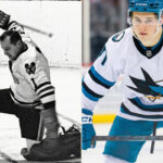 A split-frame photograph contrasting NHL eras, showing late legendary goaltender Glenn Hall of the Chicago Blackhawks in vintage black and white gear kneeling on the ice on the left, and current San Jose Sharks rookie phenom Macklin Celebrini standing ready in modern color gear on the right.