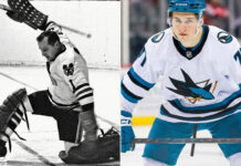 Celebrini’s Historic Night, Winter Classic Comes to Utah, and Remembering a Legend A split-frame photograph contrasting NHL eras, showing late legendary goaltender Glenn Hall of the Chicago Blackhawks in vintage black and white gear kneeling on the ice on the left, and current San Jose Sharks rookie phenom Macklin Celebrini standing ready in modern color gear on the right.