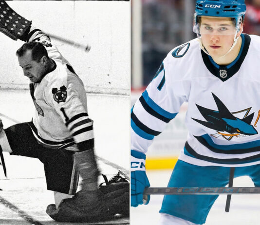 A split-frame photograph contrasting NHL eras, showing late legendary goaltender Glenn Hall of the Chicago Blackhawks in vintage black and white gear kneeling on the ice on the left, and current San Jose Sharks rookie phenom Macklin Celebrini standing ready in modern color gear on the right.