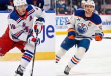 NHL News: Panarin’s Future in Doubt, Olympic Roster Snubs, & Scores from Jan 8 Split photo showing New York Rangers forward Artemi Panarin on the left and Edmonton Oilers captain Connor McDavid on the right, both skating on the ice during an NHL game.