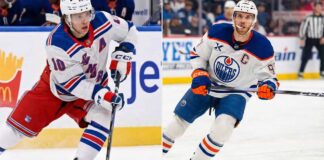 Split photo showing New York Rangers forward Artemi Panarin on the left and Edmonton Oilers captain Connor McDavid on the right, both skating on the ice during an NHL game.