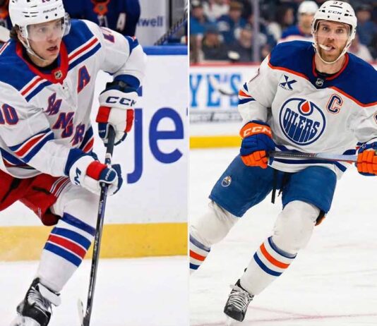 NHL News: Panarin’s Future in Doubt, Olympic Roster Snubs, & Scores from Jan 8 Split photo showing New York Rangers forward Artemi Panarin on the left and Edmonton Oilers captain Connor McDavid on the right, both skating on the ice during an NHL game.