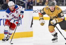 A split-screen photograph featuring Artemi Panarin of the New York Rangers in a white away jersey skating with the puck on the left side, and Mitch Marner of the Vegas Golden Knights in a gold home jersey skating with the puck on the right side.