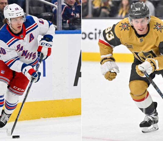 A split-screen photograph featuring Artemi Panarin of the New York Rangers in a white away jersey skating with the puck on the left side, and Mitch Marner of the Vegas Golden Knights in a gold home jersey skating with the puck on the right side.