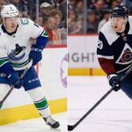 Split image showing Vancouver Canucks forward Brock Boeser (left) in a white away jersey and Colorado Avalanche forward Nathan MacKinnon (right) in a navy home jersey, both skating with the puck during NHL game action.