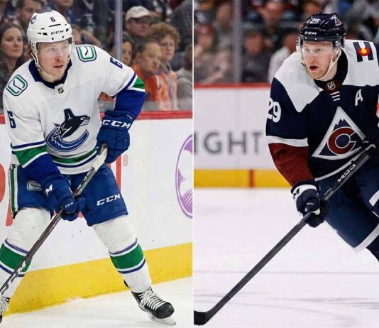 Split image showing Vancouver Canucks forward Brock Boeser (left) in a white away jersey and Colorado Avalanche forward Nathan MacKinnon (right) in a navy home jersey, both skating with the puck during NHL game action.