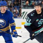 A split photograph showing two NHL players on the ice. On the left side, Josh Doan of the Buffalo Sabres is depicted in his blue home jersey. On the right side, Shane Wright of the Seattle Kraken is shown skating in his dark home uniform.