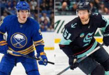 NHL News January 22, 2026: Trade Rumors Swirl & Canucks End The Slump A split photograph showing two NHL players on the ice. On the left side, Josh Doan of the Buffalo Sabres is depicted in his blue home jersey. On the right side, Shane Wright of the Seattle Kraken is shown skating in his dark home uniform.