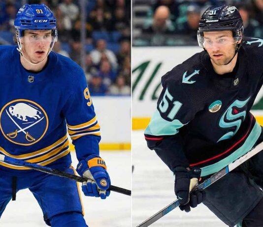 NHL News January 22, 2026: Trade Rumors Swirl & Canucks End The Slump A split photograph showing two NHL players on the ice. On the left side, Josh Doan of the Buffalo Sabres is depicted in his blue home jersey. On the right side, Shane Wright of the Seattle Kraken is shown skating in his dark home uniform.