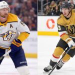 Marner’s Emotional Return & Is Shane Wright Done in Seattle? | NHL News Jan 23 A vertical split photograph featuring NHL stars Steven Stamkos on the left, wearing a white Nashville Predators away jersey and holding his stick on the ice, and Mitch Marner on the right, skating dynamically in a gold Vegas Golden Knights home jersey.