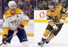 Marner’s Emotional Return & Is Shane Wright Done in Seattle? | NHL News Jan 23 A vertical split photograph featuring NHL stars Steven Stamkos on the left, wearing a white Nashville Predators away jersey and holding his stick on the ice, and Mitch Marner on the right, skating dynamically in a gold Vegas Golden Knights home jersey.