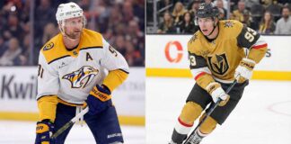 A vertical split photograph featuring NHL stars Steven Stamkos on the left, wearing a white Nashville Predators away jersey and holding his stick on the ice, and Mitch Marner on the right, skating dynamically in a gold Vegas Golden Knights home jersey.
