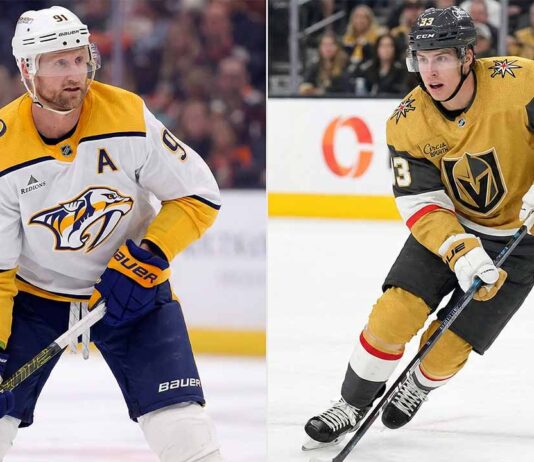 Marner’s Emotional Return & Is Shane Wright Done in Seattle? | NHL News Jan 23 A vertical split photograph featuring NHL stars Steven Stamkos on the left, wearing a white Nashville Predators away jersey and holding his stick on the ice, and Mitch Marner on the right, skating dynamically in a gold Vegas Golden Knights home jersey.
