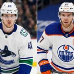 A split-screen photograph showing NHL players Elias Pettersson of the Vancouver Canucks (left) and Connor McDavid of the Edmonton Oilers (right) in their white away uniforms.