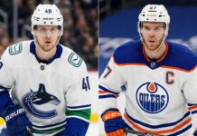 A split-screen photograph showing NHL players Elias Pettersson of the Vancouver Canucks (left) and Connor McDavid of the Edmonton Oilers (right) in their white away uniforms.