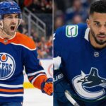 A split-screen photograph featuring Edmonton Oilers defenseman Evan Bouchard (left) yelling in celebration while wearing his blue and orange jersey, alongside Vancouver Canucks forward Evander Kane (right) looking intently forward in his blue and green jersey.