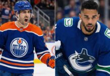 NHL News: Bouchard’s Historic 6-Point Night & Trade Rumors Explode (Jan 2026) A split-screen photograph featuring Edmonton Oilers defenseman Evan Bouchard (left) yelling in celebration while wearing his blue and orange jersey, alongside Vancouver Canucks forward Evander Kane (right) looking intently forward in his blue and green jersey.