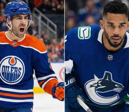 NHL News: Bouchard’s Historic 6-Point Night & Trade Rumors Explode (Jan 2026) A split-screen photograph featuring Edmonton Oilers defenseman Evan Bouchard (left) yelling in celebration while wearing his blue and orange jersey, alongside Vancouver Canucks forward Evander Kane (right) looking intently forward in his blue and green jersey.