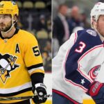 NHL News: Coyle’s Historic Hat Trick & Letang Injury Update A split photograph featuring Pittsburgh Penguins defenseman Kris Letang #58 in a yellow jersey on the left side, alongside Columbus Blue Jackets forward Charlie Coyle #3 in a white away jersey on the right side, both shown on the ice during NHL game action.