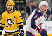 NHL News: Coyle’s Historic Hat Trick & Letang Injury Update A split photograph featuring Pittsburgh Penguins defenseman Kris Letang #58 in a yellow jersey on the left side, alongside Columbus Blue Jackets forward Charlie Coyle #3 in a white away jersey on the right side, both shown on the ice during NHL game action.