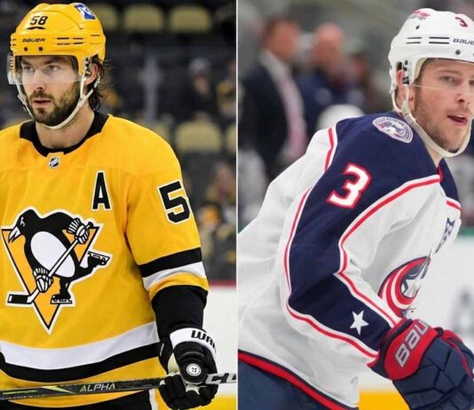 NHL News: Coyle’s Historic Hat Trick & Letang Injury Update A split photograph featuring Pittsburgh Penguins defenseman Kris Letang #58 in a yellow jersey on the left side, alongside Columbus Blue Jackets forward Charlie Coyle #3 in a white away jersey on the right side, both shown on the ice during NHL game action.