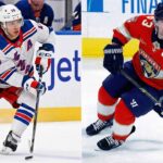 A split-screen image showing New York Rangers forward Artemi Panarin (left) skating with the puck in a white away jersey and Florida Panthers forward Brad Marchand (right) skating in a red home jersey.