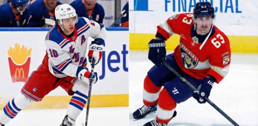 A split-screen image showing New York Rangers forward Artemi Panarin (left) skating with the puck in a white away jersey and Florida Panthers forward Brad Marchand (right) skating in a red home jersey.