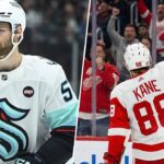 Patrick Kane Makes History & Oilers Pull Off Miracle Comeback (Jan 30) Split-screen photograph featuring two NHL players. On the left side, Shane Wright of the Seattle Kraken (wearing white jersey number 51) looks forward with a serious expression. On the right side, Patrick Kane of the Detroit Red Wings (seen from behind wearing white jersey number 88) raises his right arm high in celebration towards cheering fans in the stands.