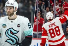 Split-screen photograph featuring two NHL players. On the left side, Shane Wright of the Seattle Kraken (wearing white jersey number 51) looks forward with a serious expression. On the right side, Patrick Kane of the Detroit Red Wings (seen from behind wearing white jersey number 88) raises his right arm high in celebration towards cheering fans in the stands.