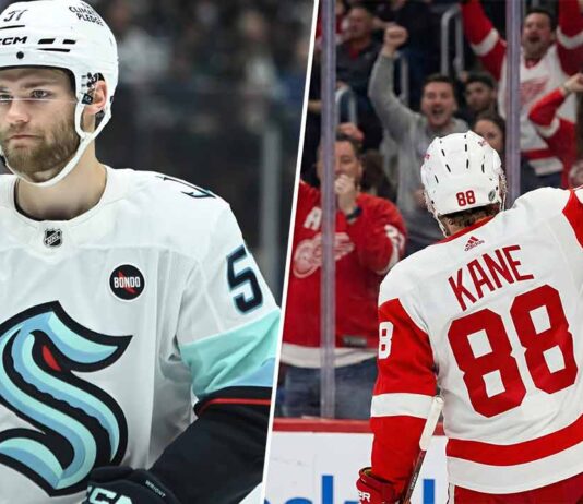Patrick Kane Makes History & Oilers Pull Off Miracle Comeback (Jan 30) Split-screen photograph featuring two NHL players. On the left side, Shane Wright of the Seattle Kraken (wearing white jersey number 51) looks forward with a serious expression. On the right side, Patrick Kane of the Detroit Red Wings (seen from behind wearing white jersey number 88) raises his right arm high in celebration towards cheering fans in the stands.