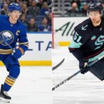 A vertical split-screen photograph. The left panel shows Buffalo Sabres captain Rasmus Dahlin in his blue home uniform, skating on the ice. The right panel shows Seattle Kraken forward Shane Wright in his dark home uniform, skating with the puck.