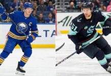 NHL News: Patrick Kane Ties History, Dahlin’s Hat Trick & Trade Chaos A vertical split-screen photograph. The left panel shows Buffalo Sabres captain Rasmus Dahlin in his blue home uniform, skating on the ice. The right panel shows Seattle Kraken forward Shane Wright in his dark home uniform, skating with the puck.