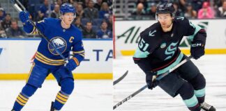 A vertical split-screen photograph. The left panel shows Buffalo Sabres captain Rasmus Dahlin in his blue home uniform, skating on the ice. The right panel shows Seattle Kraken forward Shane Wright in his dark home uniform, skating with the puck.