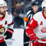 A split image showing NHL defenseman Rasmus Andersson. On the left, he is wearing the white away uniform of the Ottawa Senators. On the right, he is wearing the white away uniform of the Detroit Red Wings. In both images, he is wearing his number '4' and an 'A' on his jersey, and is skating on the ice with a referee and fans in the background.