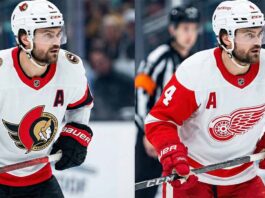 A split image showing NHL defenseman Rasmus Andersson. On the left, he is wearing the white away uniform of the Ottawa Senators. On the right, he is wearing the white away uniform of the Detroit Red Wings. In both images, he is wearing his number '4' and an 'A' on his jersey, and is skating on the ice with a referee and fans in the background.