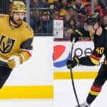 A split-screen photograph showing Vegas Golden Knights defenseman Rasmus Andersson (#4) skating in a gold uniform on the left, and Vancouver Canucks center Elias Pettersson (#40) in a black uniform taking a slap shot on the right, with a fan sign behind him in the crowd reading "Thanks for the memories Elias!".