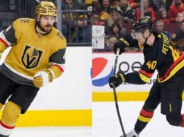 A split-screen photograph showing Vegas Golden Knights defenseman Rasmus Andersson (#4) skating in a gold uniform on the left, and Vancouver Canucks center Elias Pettersson (#40) in a black uniform taking a slap shot on the right, with a fan sign behind him in the crowd reading "Thanks for the memories Elias!".