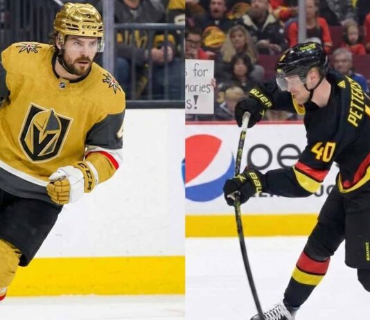 A split-screen photograph showing Vegas Golden Knights defenseman Rasmus Andersson (#4) skating in a gold uniform on the left, and Vancouver Canucks center Elias Pettersson (#40) in a black uniform taking a slap shot on the right, with a fan sign behind him in the crowd reading "Thanks for the memories Elias!".