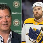 A split-screen photograph illustrating NHL trade rumors. On the left side, Minnesota Wild General Manager Bill Guerin is shown speaking in front of a green Wild backdrop. On the right side, Nashville Predators center Ryan O'Reilly is pictured in his white away uniform, wearing a helmet and looking upwards during a game.