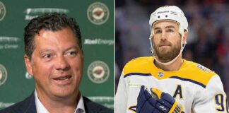 Minnesota Wild GM Bill Guerin Going “All In” for Ryan O’Reilly Trade? A split-screen photograph illustrating NHL trade rumors. On the left side, Minnesota Wild General Manager Bill Guerin is shown speaking in front of a green Wild backdrop. On the right side, Nashville Predators center Ryan O'Reilly is pictured in his white away uniform, wearing a helmet and looking upwards during a game.