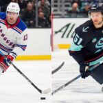 Blockbuster Alert: Why The Kraken Must Trade Shane Wright For Alexis Lafrenière A split-screen photograph showing two NHL players on the ice during games. On the left side, Alexis Lafrenière (#13) of the New York Rangers skates with the puck in a white away jersey. On the right side, Shane Wright (#51) of the Seattle Kraken skates in a dark home jersey.